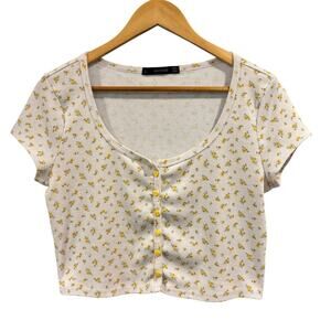 Y2K babydoll floral button crop top white and yellow skater coquette, size large